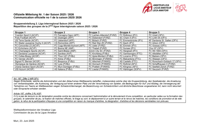 Lire la suite à propos de l’article Répartition des groupes de la 2ème ligue inter 25/26